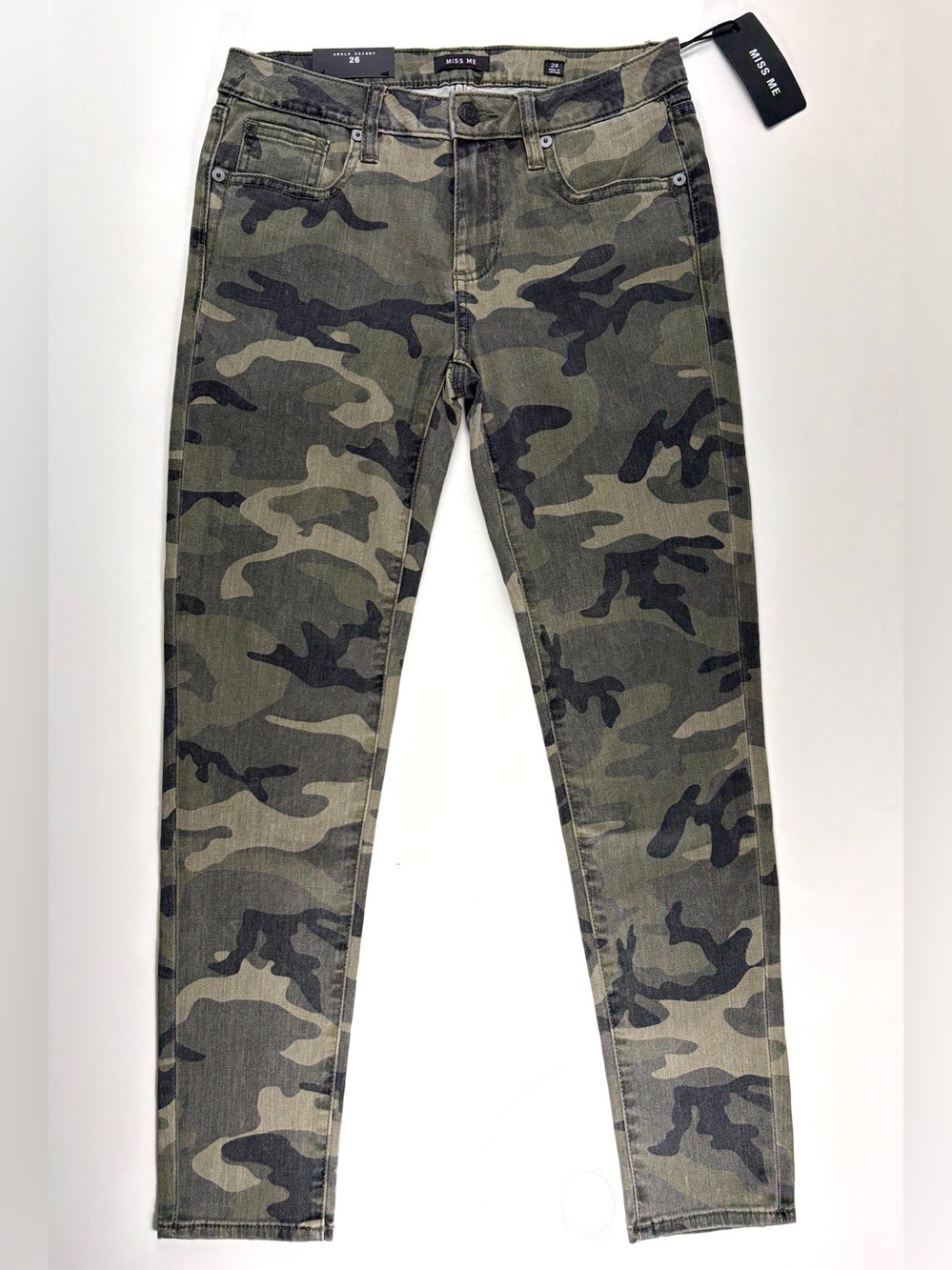 Miss Me Camo Green Stretch Cotton Ankle Skinny 5-Pocket Pants, Sz 26/2